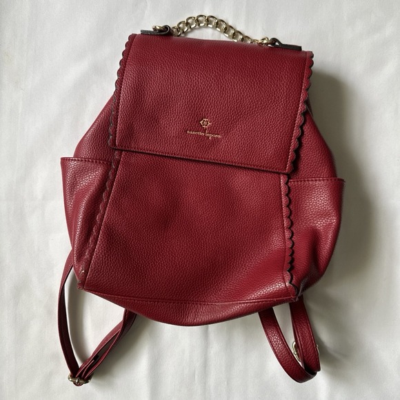 NANETTE LEPORE  Designer Faux Pebbled Leather Backpack/Purse/Tote Red‎ Gold - Picture 1 of 16